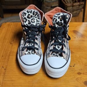 Converse Plaid With Leopard Print Tongue High-Top Sneakers - Black and White